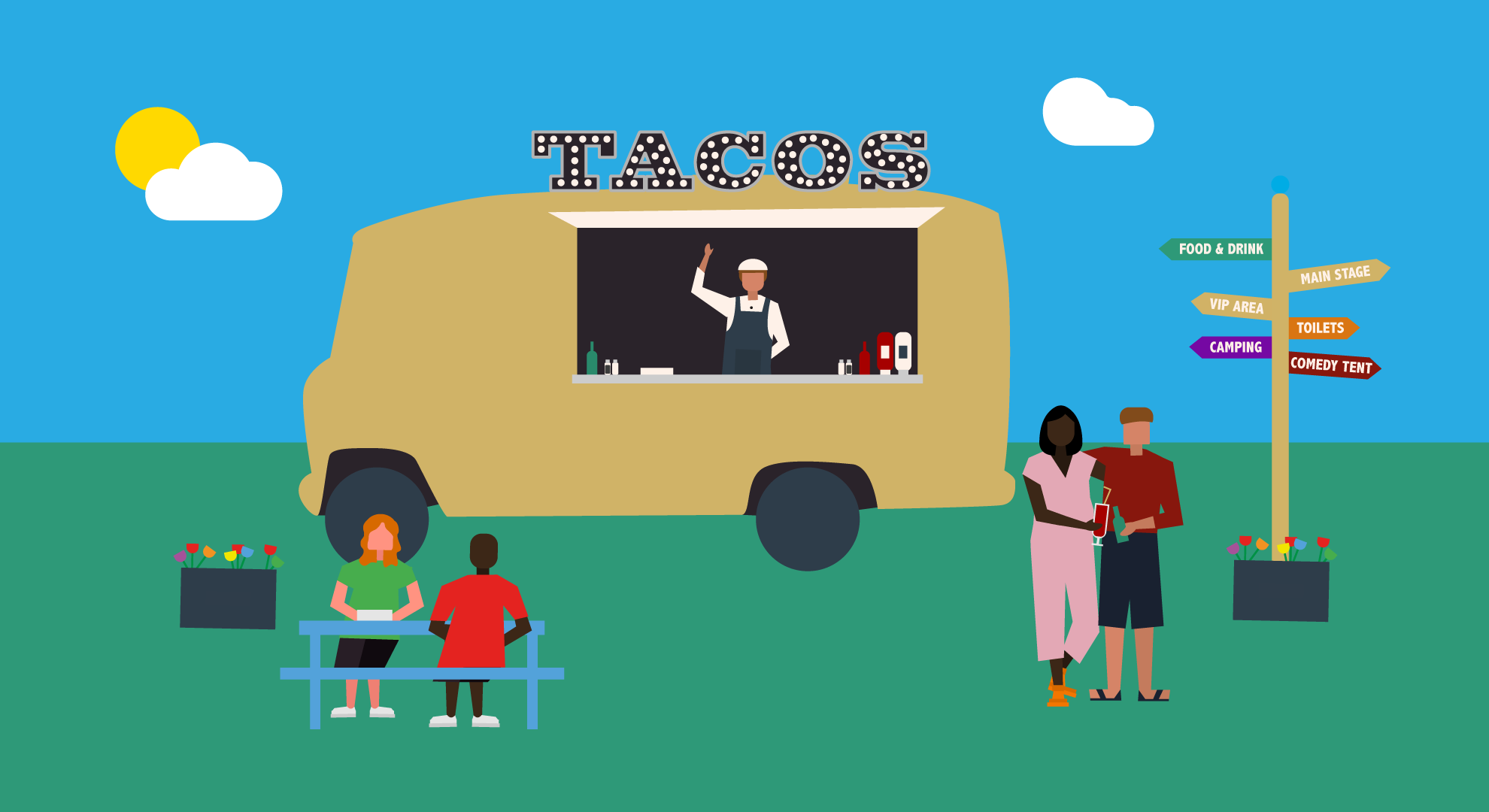 Illustration of people in front of a taco food truck