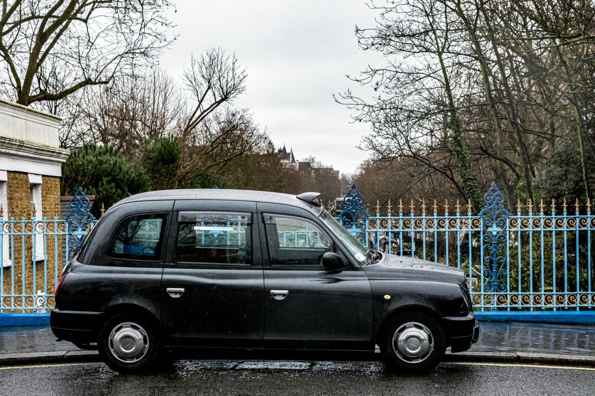 A black London taxi is parked on a wet street in front of a blue and gold decorative fence, with leafless trees and cloudy skies in the background.