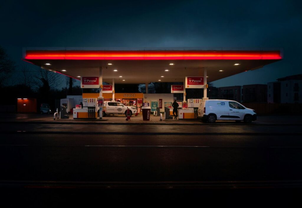 Petrol station in the UK at night